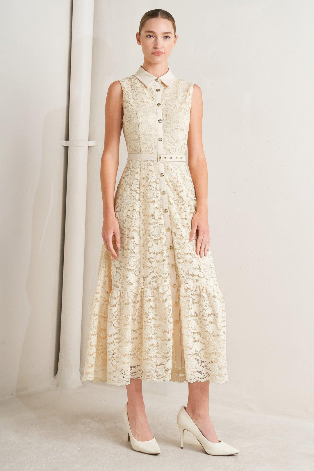 PURELY ROMANTIC WOVEN LACE MIDI DRESS
