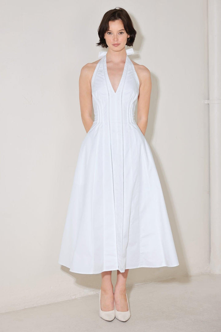 POWDER SKY HALTER WOVEN MIDI DRESS