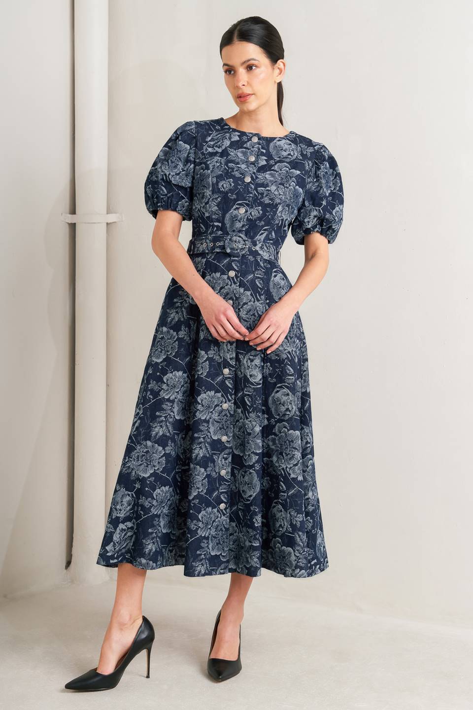 DARK BLOOM JACQUARD DENIM MIDI DRESS