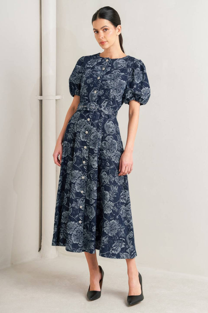 DARK BLOOM JACQUARD DENIM MIDI DRESS
