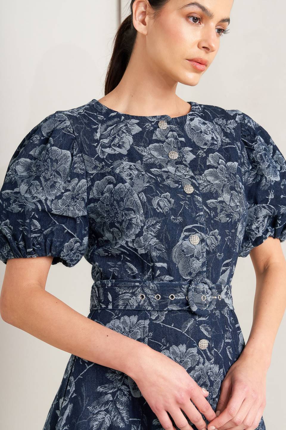 DARK BLOOM JACQUARD DENIM MIDI DRESS