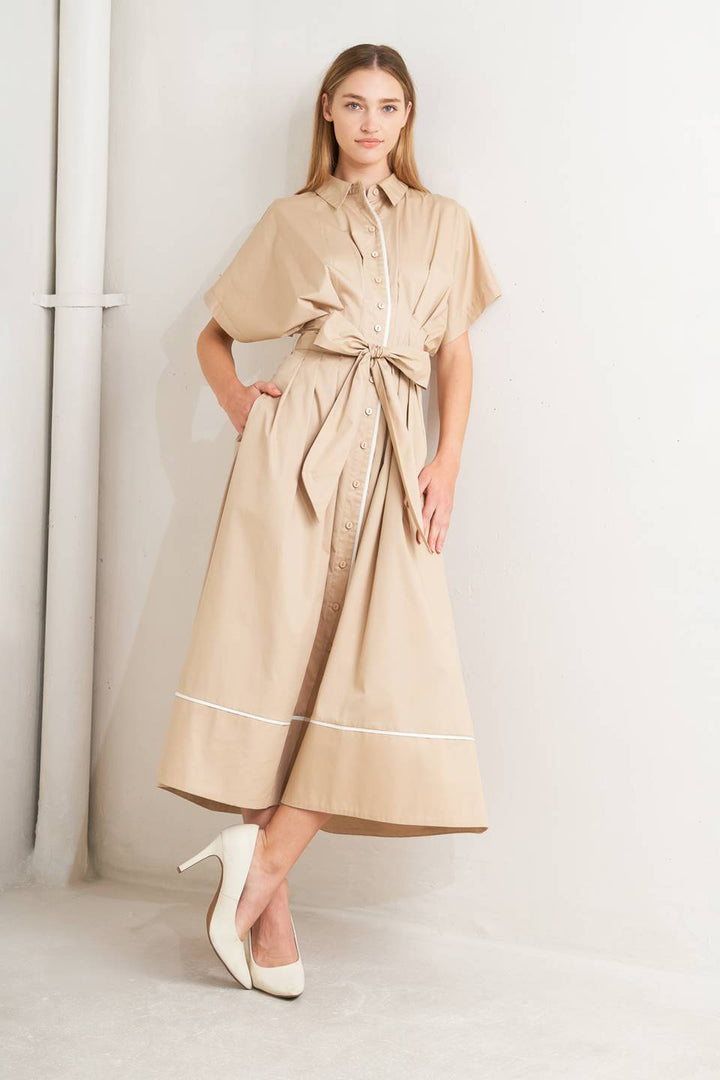 CATCH YOU LATER KHAKI WOVEN MIDI DRESS