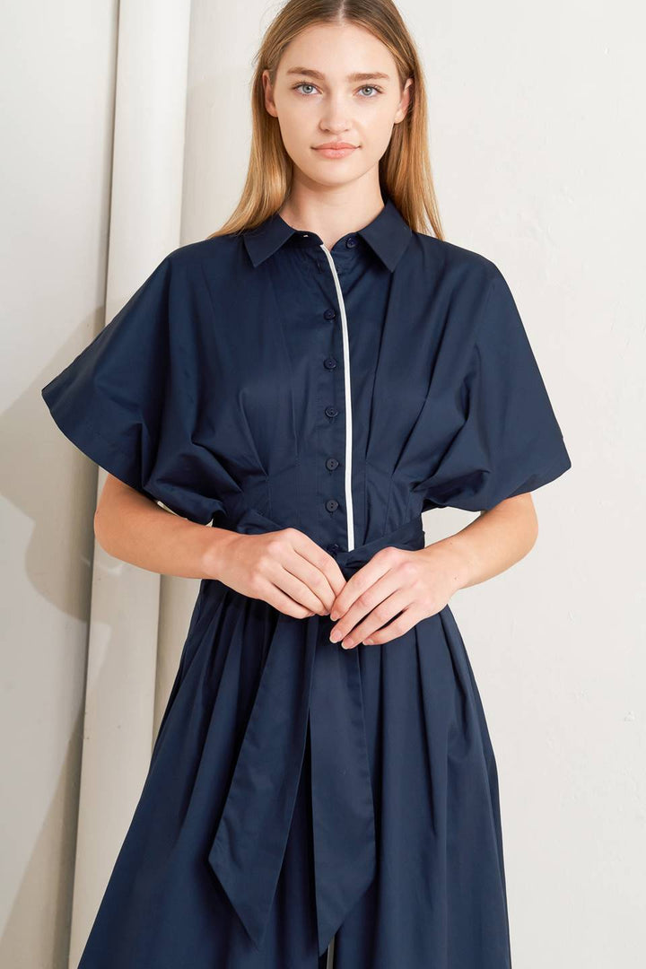 CATCH YOU LATER NAVY WOVEN MIDI DRESS