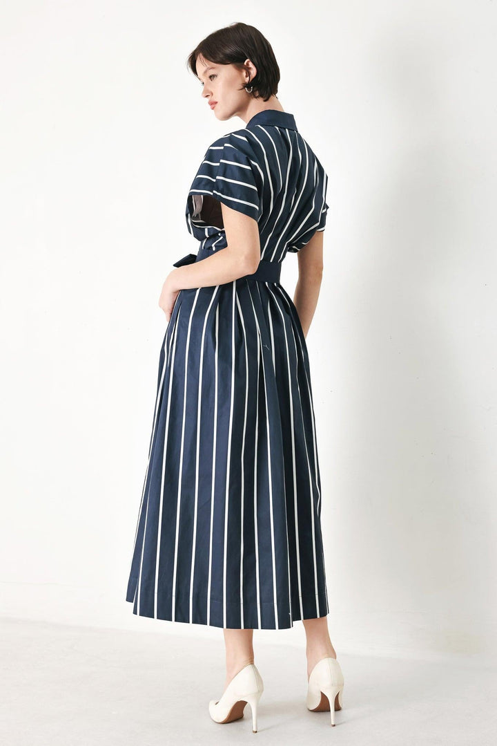PINSTRIPE STORY WOVEN MIDI DRESS