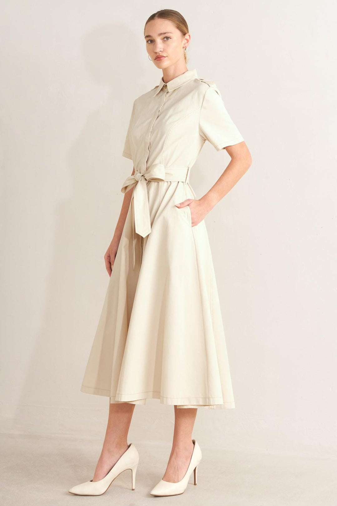SANDSTONE GRACE WOVEN MIDI SHIRT DRESS