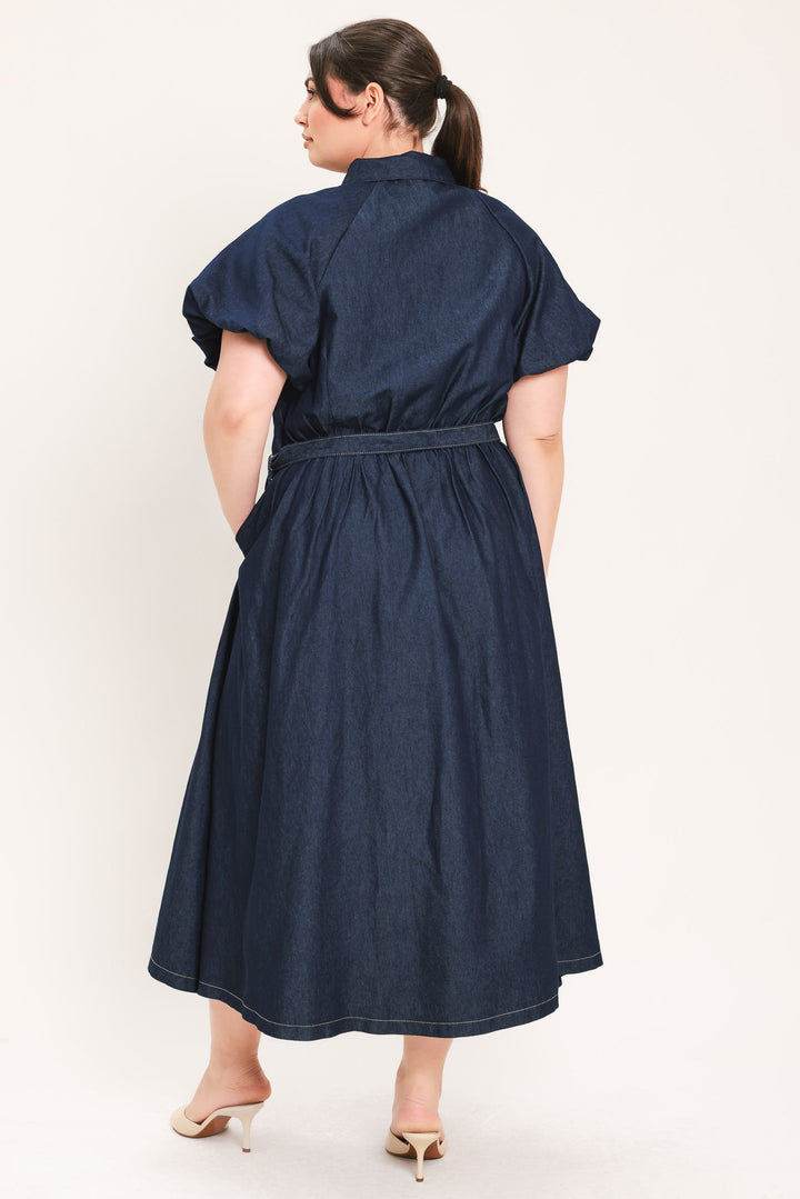 MIDNIGHT IN MANHATTAN DENIM MIDI DRESS