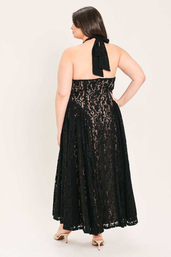 MIDNIGHT GARDEN HALTER WOVEN LACE MIDI DRESS