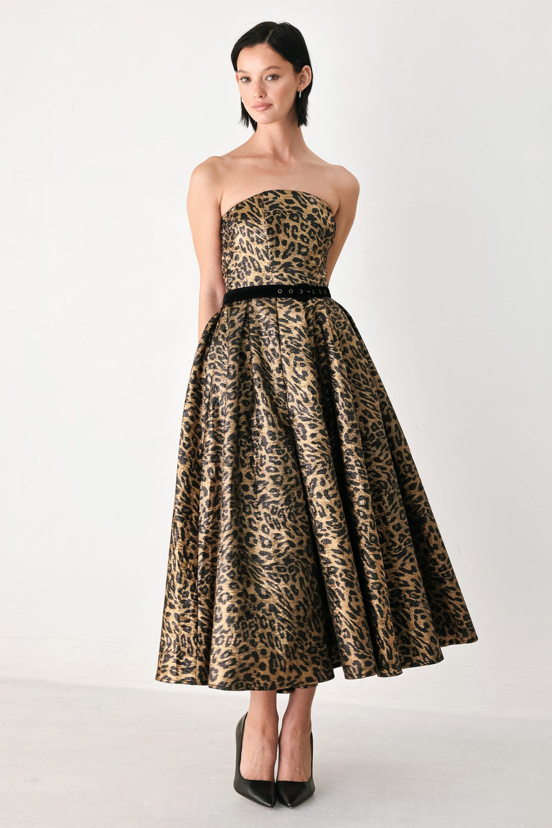 WILDLY GOLDEN LEOPARD STRAPLESS MIDI DRESS