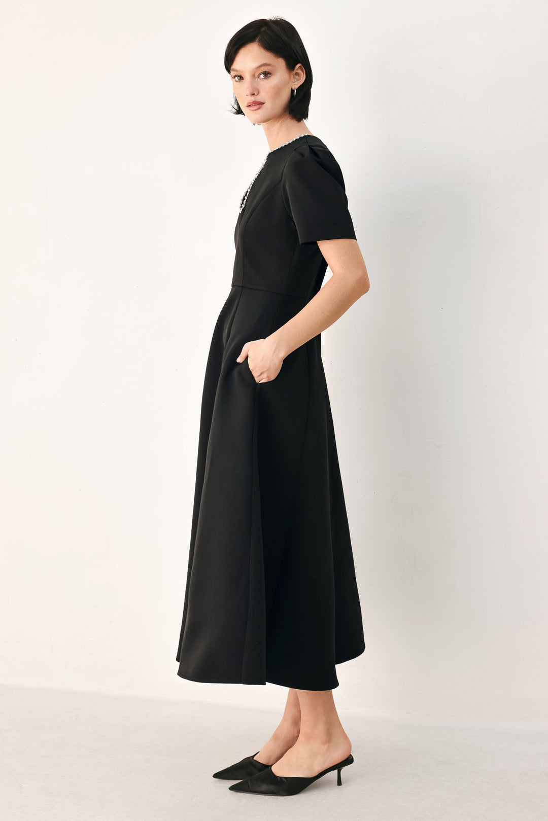 AFTER DARK ELEGANCE JEWELED MIDI DRESS
