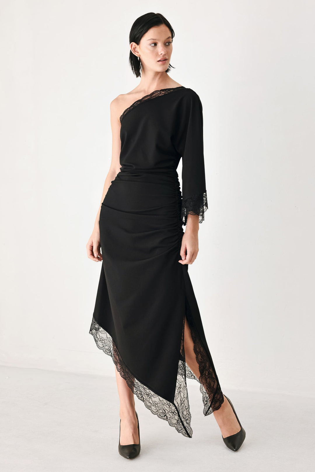 AFTER HOURS LACE TRIM ASYMMETRIC MIDI DRESS