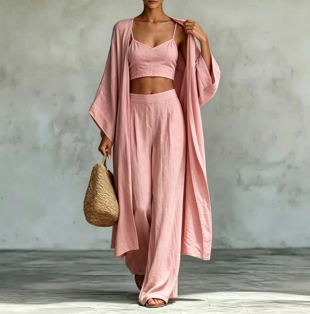 Loose Cardigan &amp; Strap Top High Waist Wide Leg Pants Set – 3-Piece