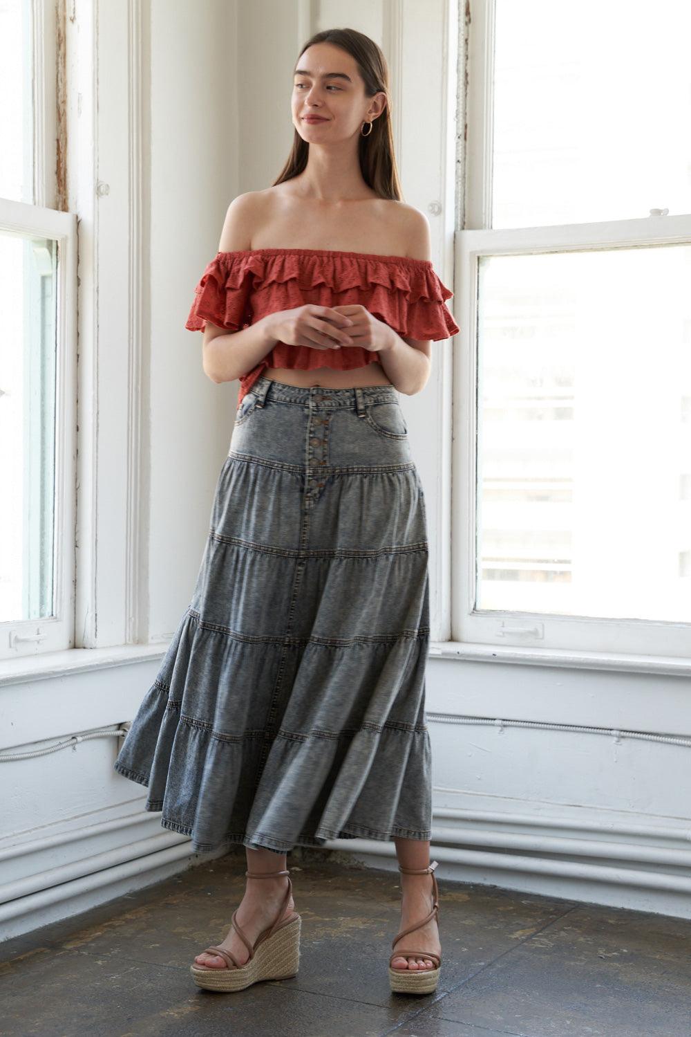 SIMPLE STATEMENT DENIM MIDI SKIRT