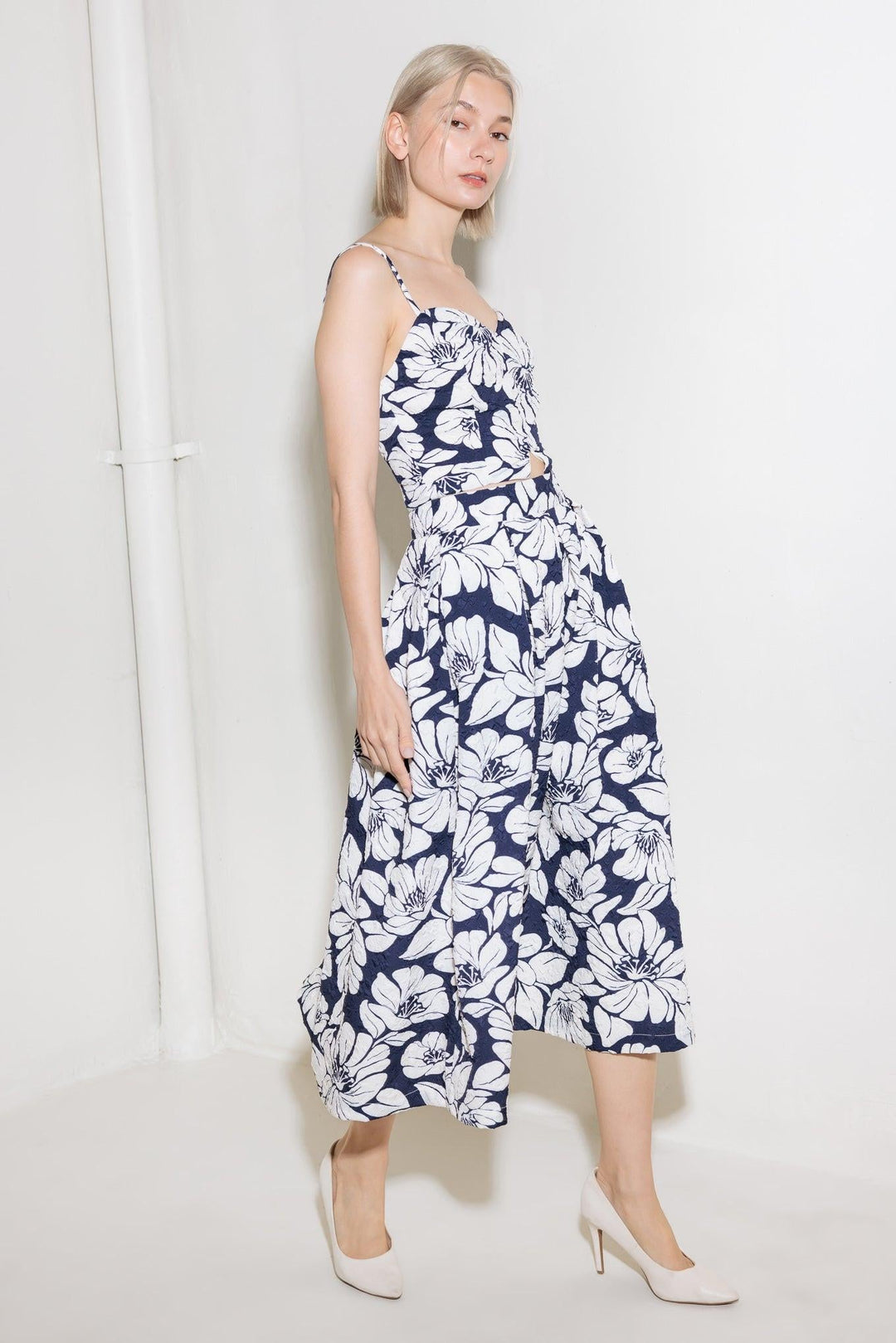 PLAIN OPTIMISM NAVY WOVEN MIDI SKIRT