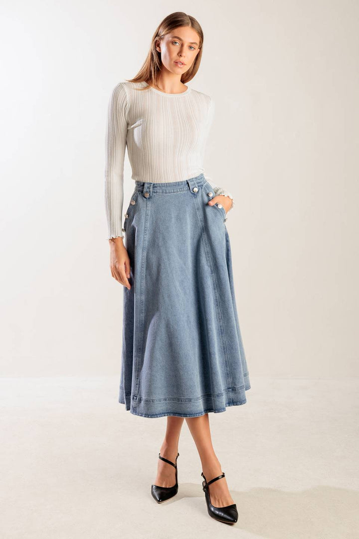 AT FIRST GLANCE DENIM MIDI SKIRT