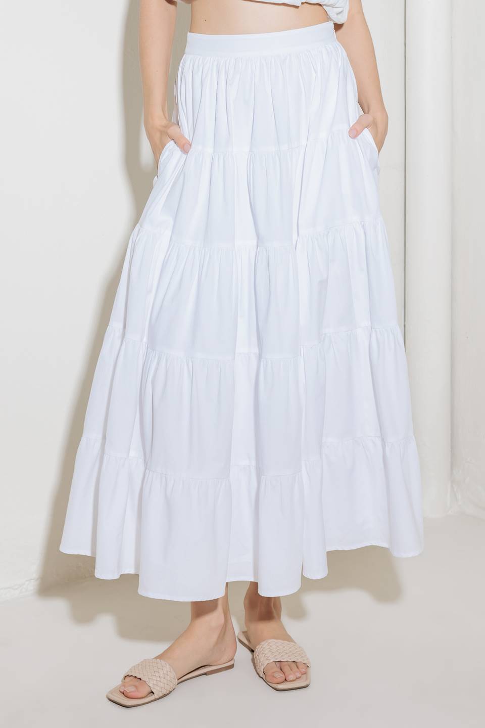 SIMPLY SPELLBOUND WHITE WOVEN FULL MIDI SKIRT