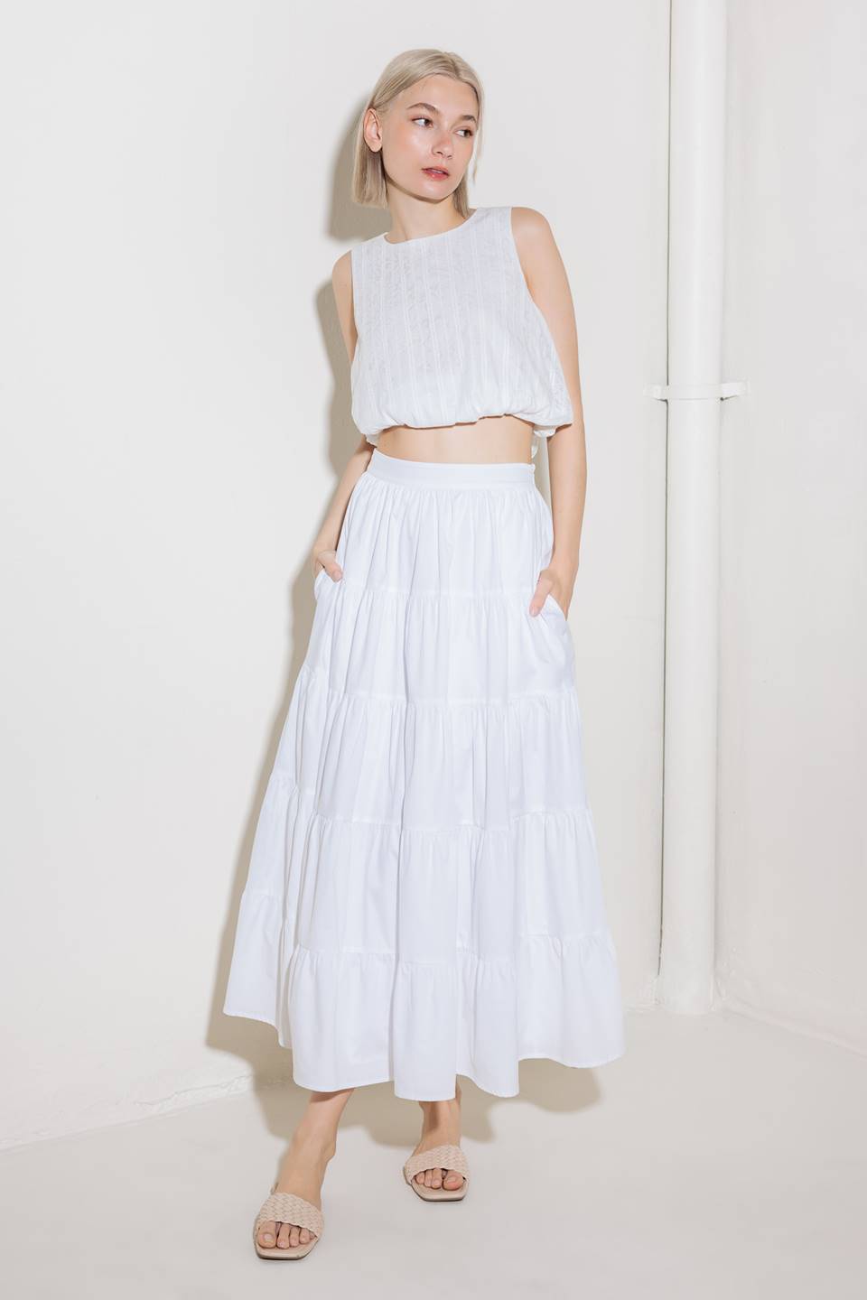 SIMPLY SPELLBOUND WHITE WOVEN FULL MIDI SKIRT