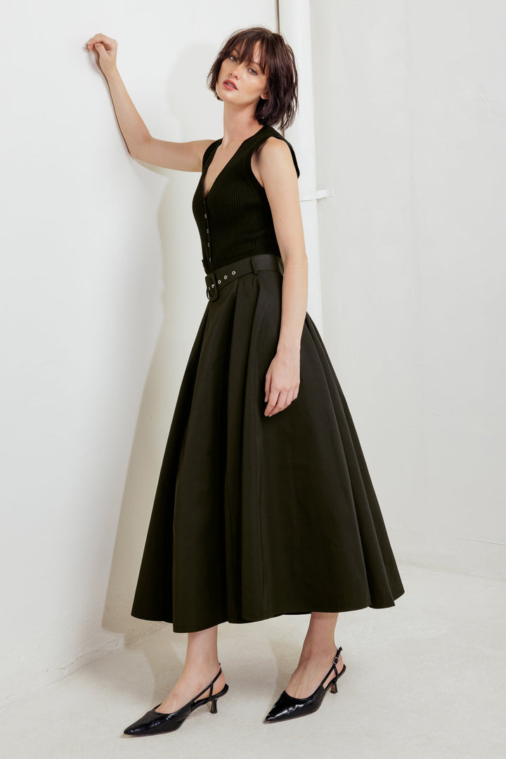 GOLDEN STILL BLACK WOVEN FULL MIDI SKIRT