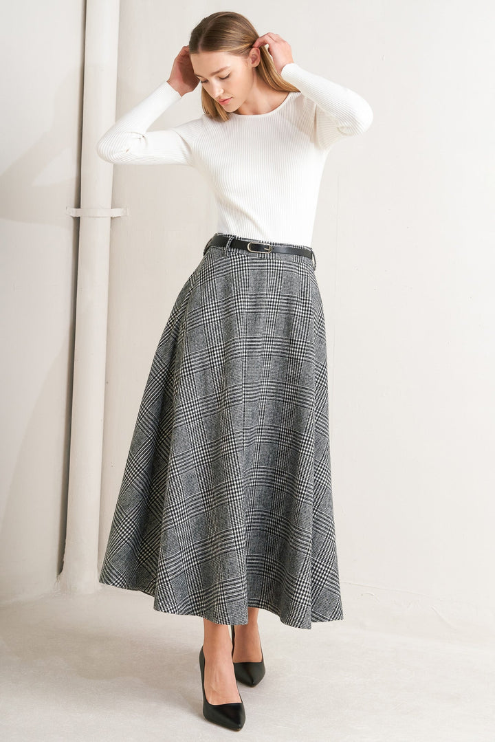 CITY CHECKLINE WOOLEN WOVEN MIDI SKIRT