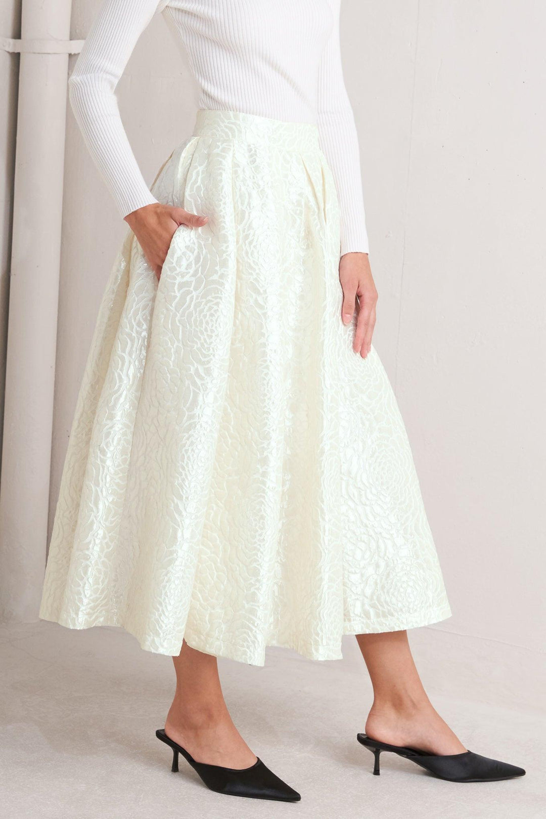 ROSÉ TEXTURE WOVEN FULL MIDI SKIRT