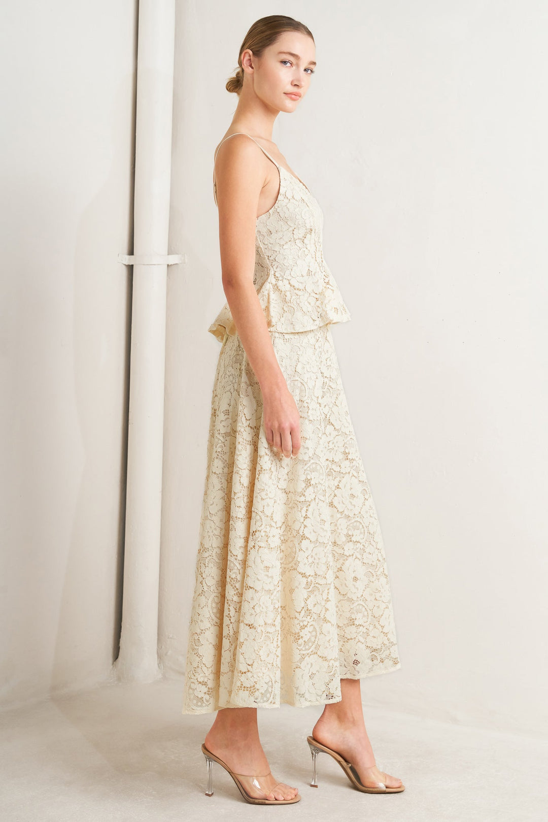 PURELY ROMANTIC WOVEN LACE MIDI SKIRT