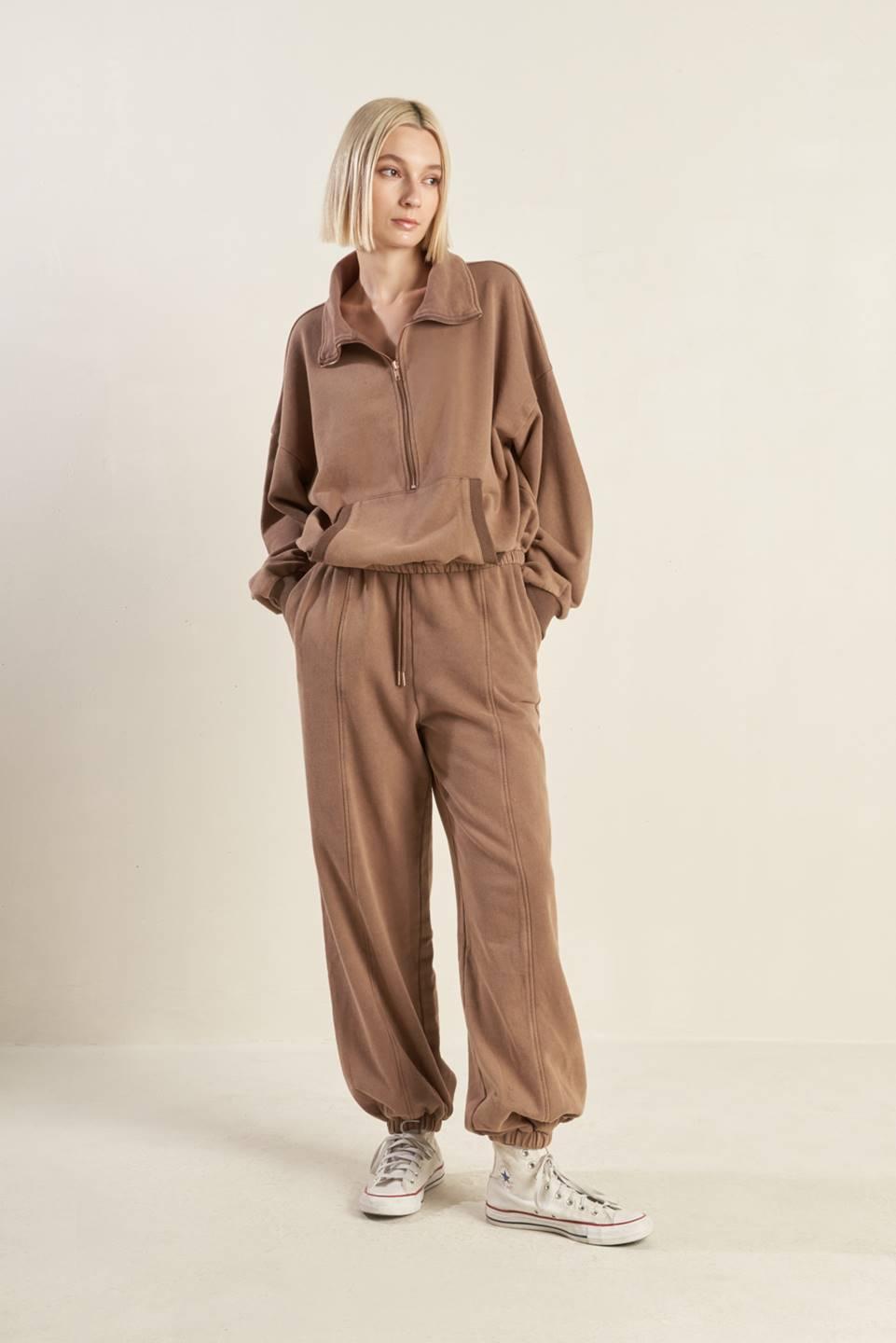 Model wearing Delightful Drape French Terry Jogger Pants set