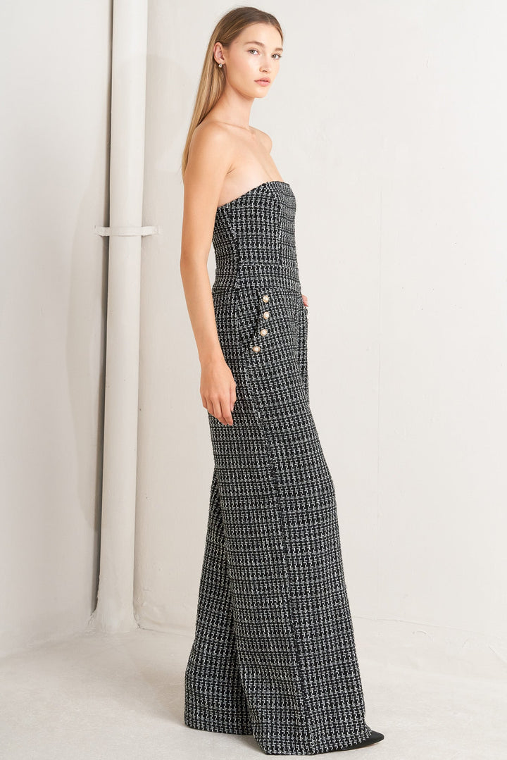 HAUTE STRAPLESS TWEED JUMPSUIT