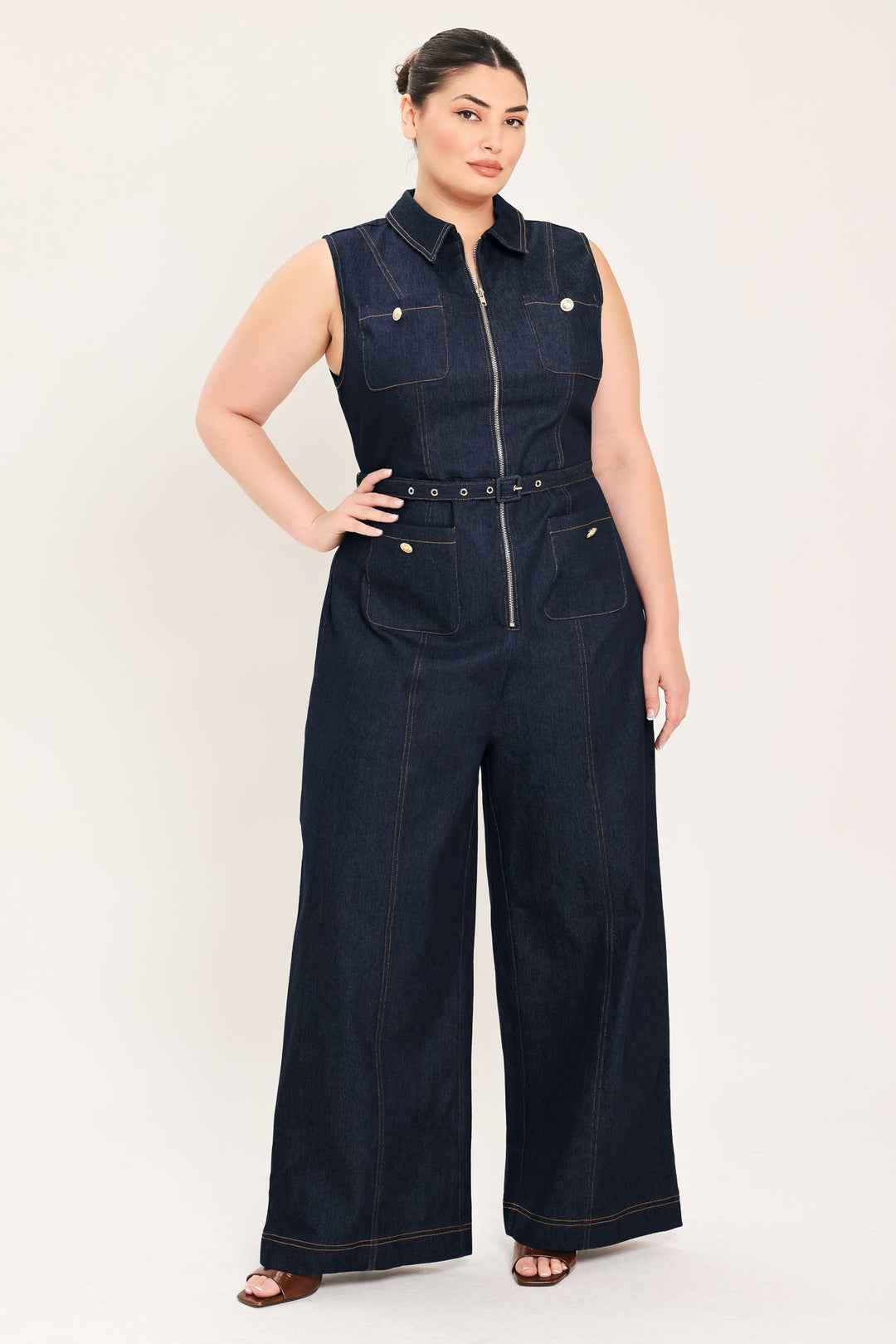 SLEEVELESS WORKWEAR DENIM JUMPSUIT