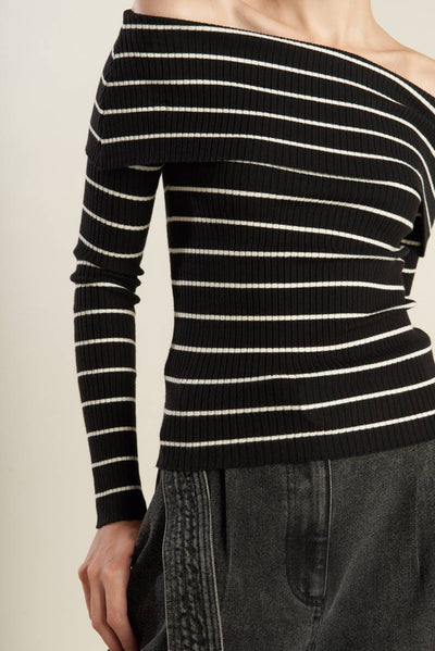 Close-up of black and white striped off-shoulder sweater fabric