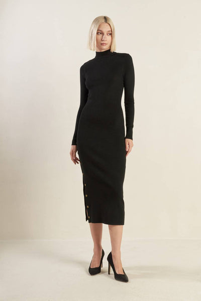 Black sweater midi dress with side buttons, front pose