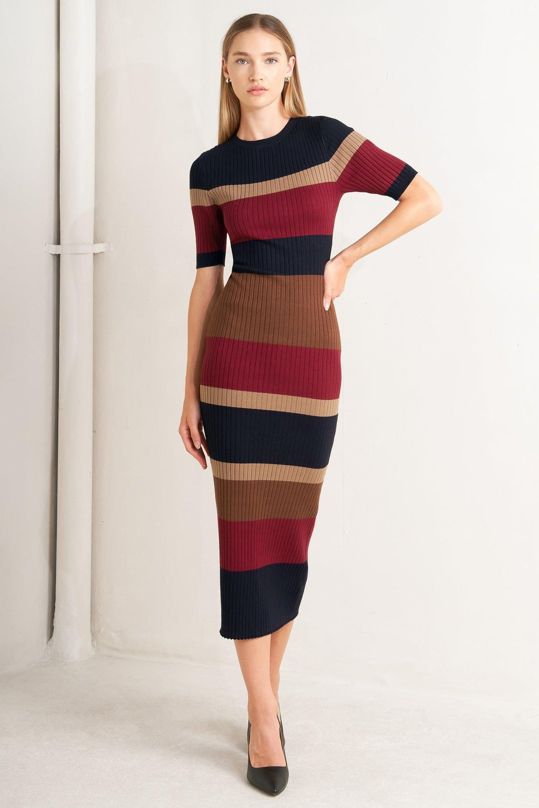 FALL RHYTHM COLOR BLOCKED MIDI SWEATER DRESS FALL RHYTHM COLOR BLOCKED MIDI SWEATER DRESS