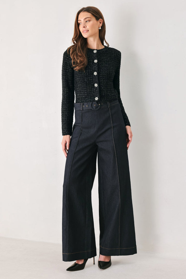 JEWELED MIDNIGHT BLACK BUTTON-DOWN SWEATER CARDIGAN