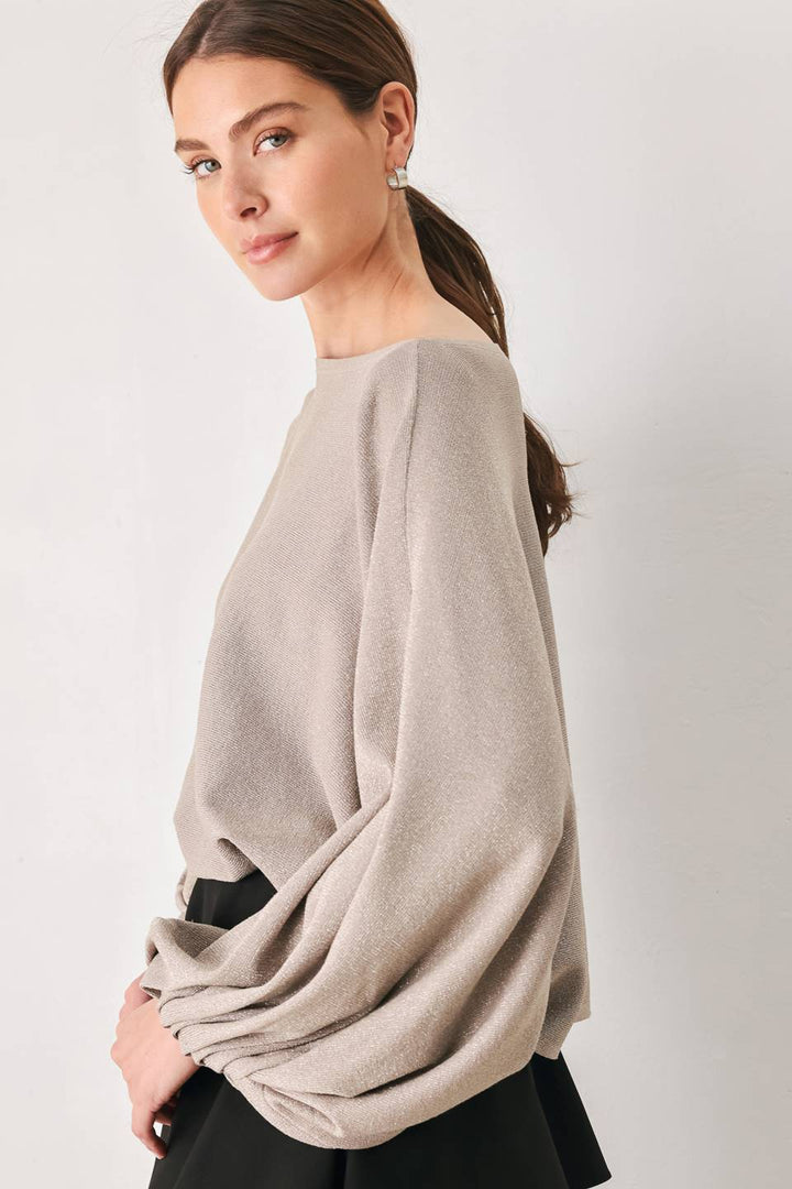 TAUPE SHIMMER METALLIC TAUPE BATWING SWEATER TOP
