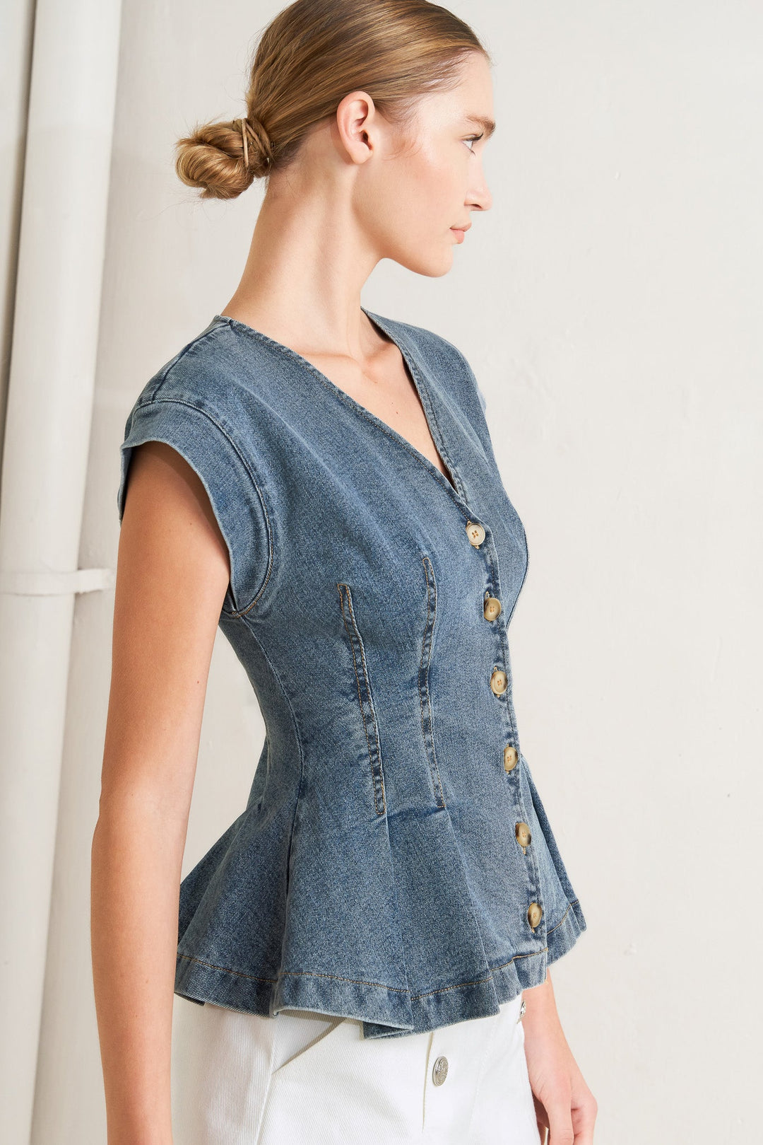 NO SECOND THOUGHT WASHED DENIM TOP