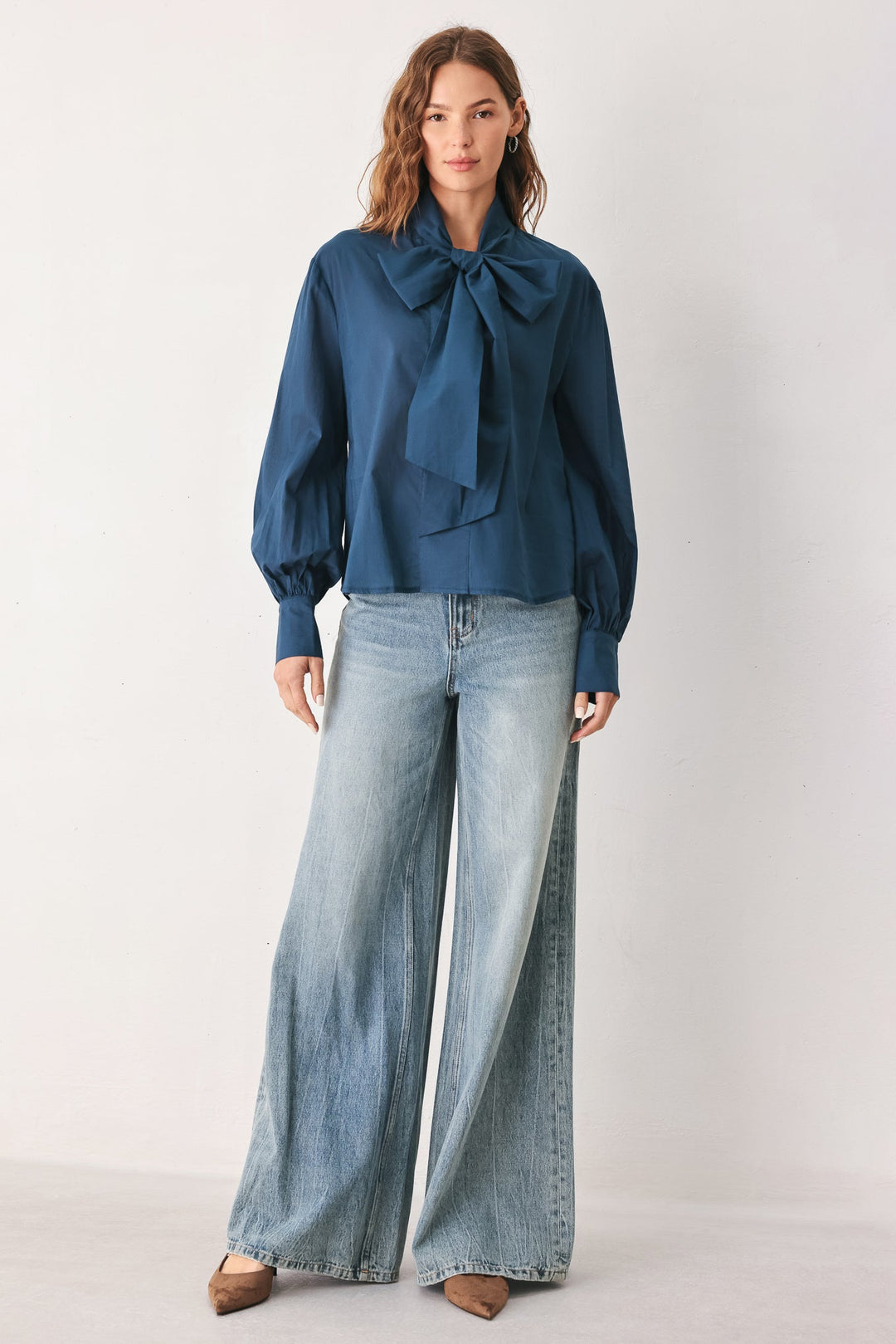 OCEAN INK PUSSY-BOW WOVEN TOP