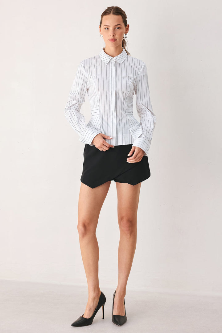 MODERNIST PINSTRIPE FLARED-WAIST WOVEN TOP