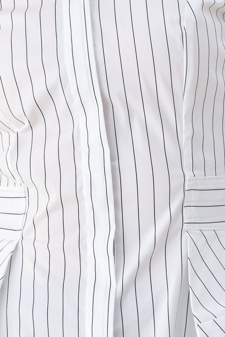 MODERNIST PINSTRIPE FLARED-WAIST WOVEN TOP