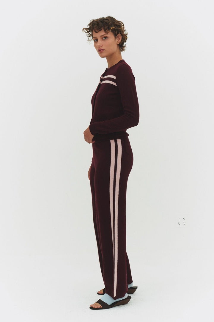 CASHMERE WOOL STRIPE CARDIGAN IN RASPBERRY CREAM