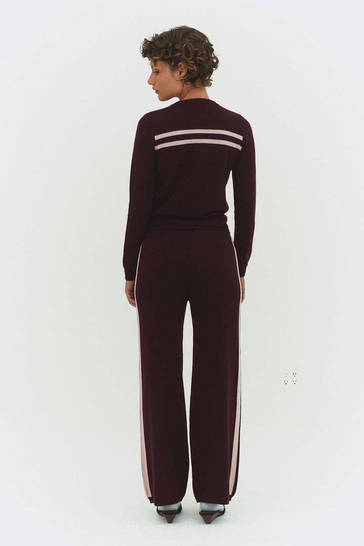 CASHMERE WOOL STRIPE CARDIGAN IN RASPBERRY CREAM