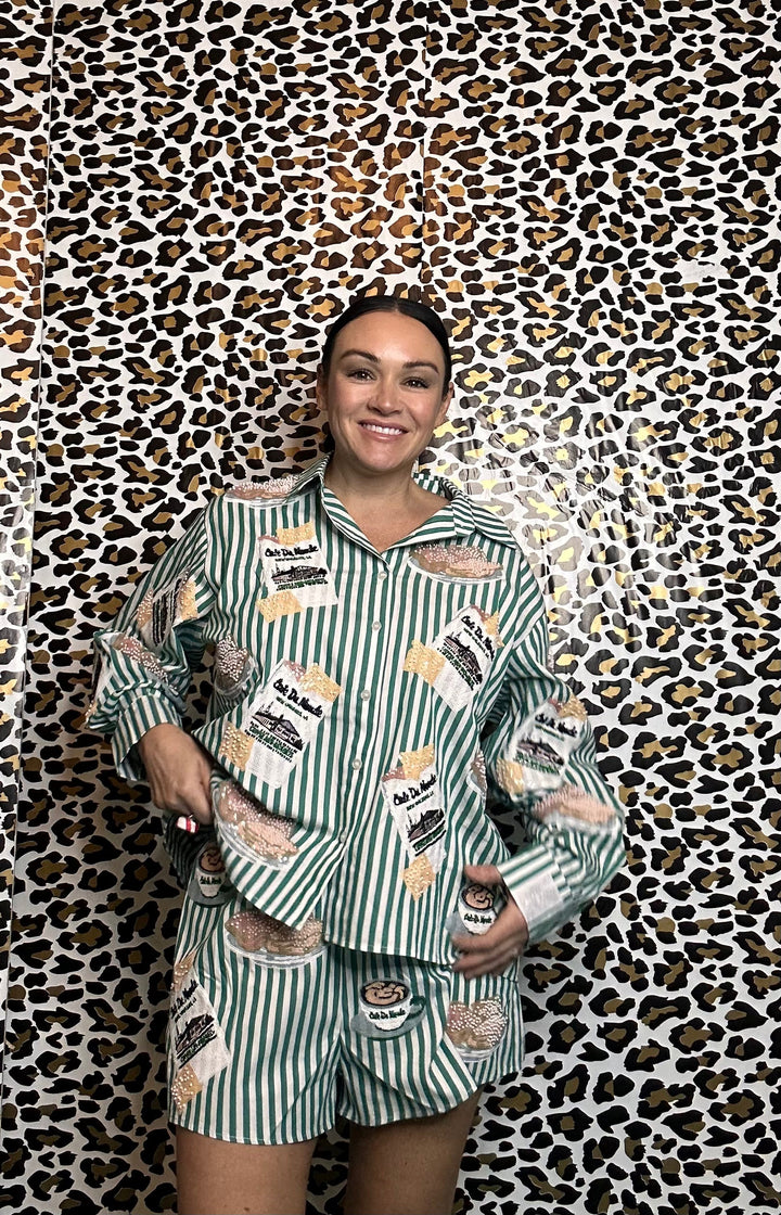 Queen of Sparkles Green & White Stripe Café Du Monde Icon Button Up Top