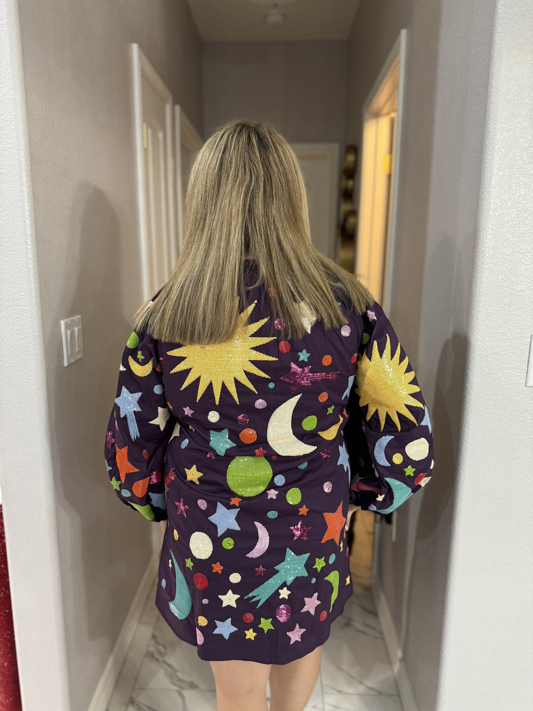 Queen of Sparkles Dark Purple  Multi Galaxy Button Up Cotton Bubble Sleeve Dress