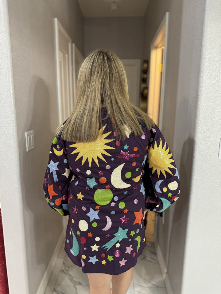 Queen of Sparkles Dark Purple  Multi Galaxy Button Up Cotton Bubble Sleeve Dress