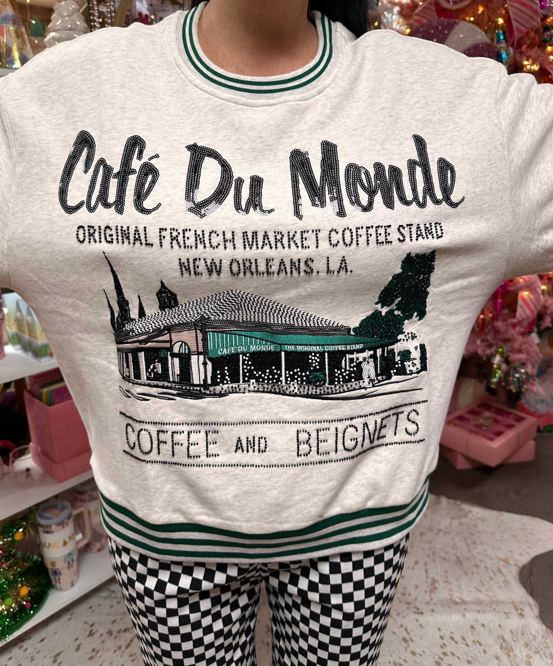 Queen of Sparkles Grey Sport Stripe 'Cafe Du Monde' Sweatshirt