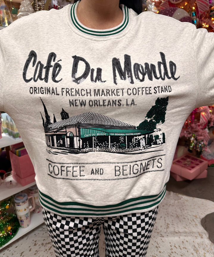 Queen of Sparkles Grey Sport Stripe 'Cafe Du Monde' Sweatshirt
