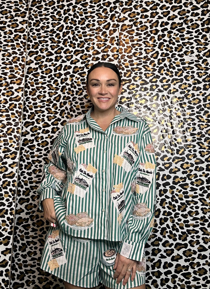 Queen of Sparkles Green & White Stripe Café Du Monde Icon Button Up Top