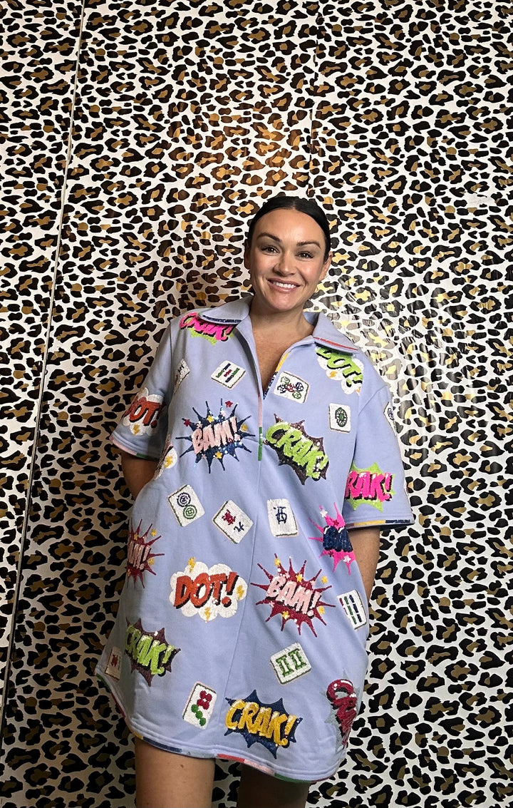 Queen of Sparkles Powder Blue Mahjong Icon Collar Rainbow Trim Dress