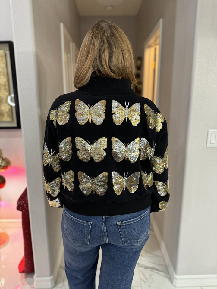 Queen of Sparkles Black & Gold Butterfly Mockneck Sweatshirt