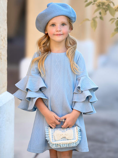 Charming Blue Ruffle Sleeve Cable Knit Sweater Dress