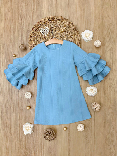 Charming Blue Ruffle Sleeve Cable Knit Sweater Dress