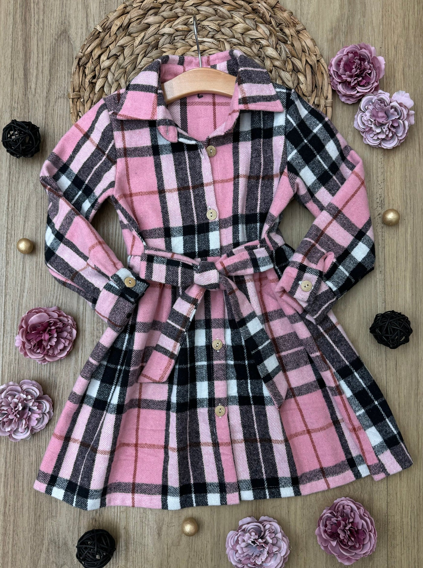 Pink Plaid Long Sleeve Shirt Dress