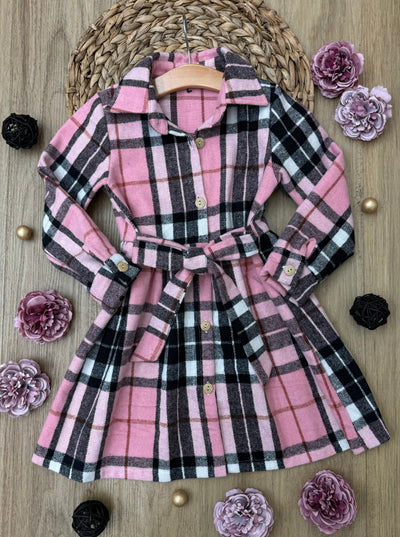 Pink Plaid Long Sleeve Shirt Dress